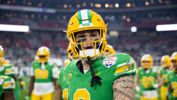 Jan 1, 2024; Glendale, AZ, USA; Oregon Ducks tight end Terrance Ferguson (3) against the Liberty Flames during the 2024 Fiesta Bowl at State Farm Stadium. Mandatory Credit: Mark J. Rebilas-USA TODAY Sports