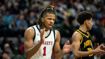 Orchard Lake St. Mary's Trey McKenney celebrates a big play during the Division 1 boys basketball state championship on Saturday, March 16, 2024, at Michigan State University's Breslin Center.