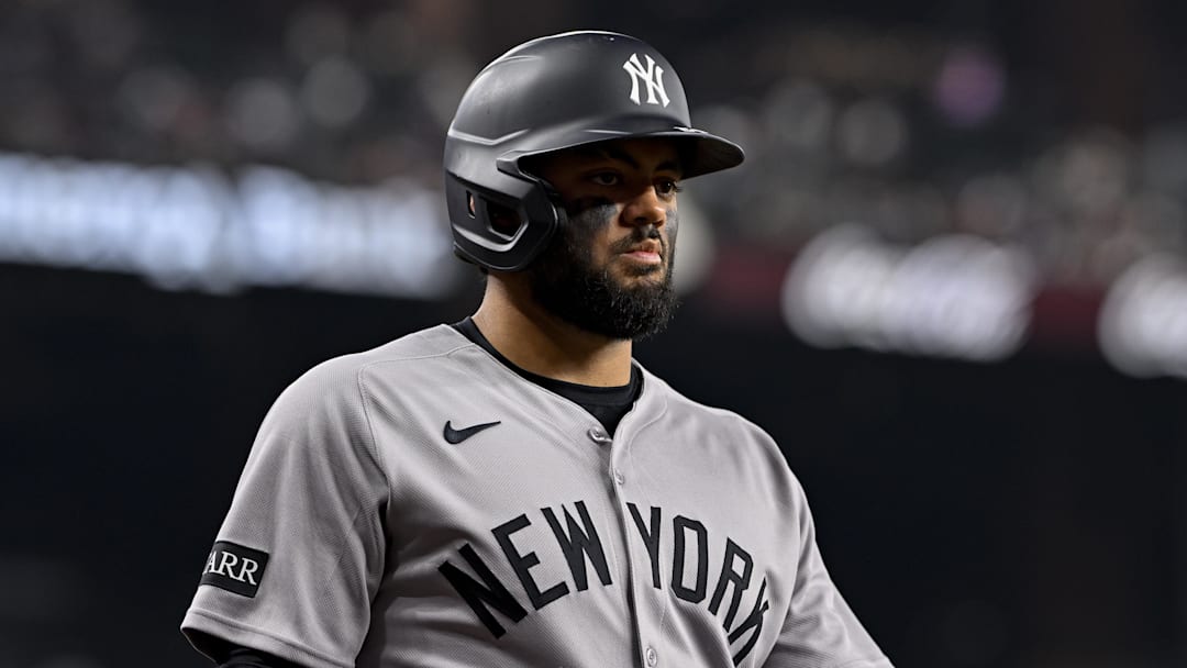 Aug 4, 2025; Arlington, Texas, USA; New York Yankees left fielder Jasson Dominguez (24) during the game between the Texas Rangers and the New York Yankees at Globe Life Field. Mandatory Credit: Jerome Miron-Imagn Images
