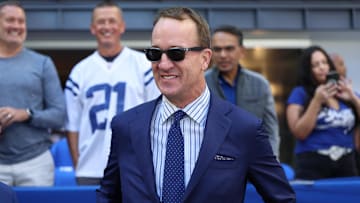 Sep 7, 2025; Indianapolis, Indiana, USA; Former Indianapolis Colts quarterback Peyton Manning before a game against the Miami Dolphins at Lucas Oil Stadium. Mandatory Credit: Trevor Ruszkowski-Imagn Images