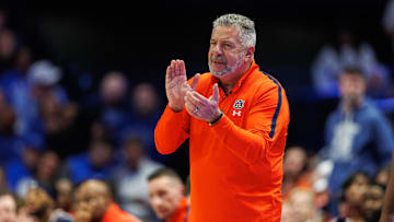 Mar 1, 2025; Lexington, Kentucky, USA; Auburn Tigers head coach Bruce Pearl claps during the first half against the Kentucky Wildcats at Rupp Arena at Central Bank Center. Mandatory Credit: Jordan Prather-Imagn Images