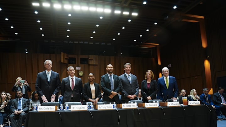 NCAA President Charlie Baker, left, Tony Petitti, Commissioner, Big Ten Conference, second from left, Trinity Thomas, gymnast, University of Florida, third from left, Ramogi Huma, Executive Director, National College Players Association, center, Walker Jones, Executive Director, The Grove Collective, third from right, Jill Bodensteiner, Vice President and Director of Athletics, Saint Joseph's University, second from right and Jack Swarbrick, Vice President on Oct 17, 2023. NCAA President Charlie Baker, left, Tony Petitti, Commissioner, Big Ten Conference, second from left, Trinity Thomas, gymnast, University of Florida, third from left, Ramogi Huma, Executive Director, National College Players Association, center, Walker Jones, Executive Director, The Grove Collective, third from right, Jill Bodensteiner, Vice President and Director of Athletics, Saint Joseph's University, second from right and Jack Swarbrick, Vice President on Oct 17, 2023.