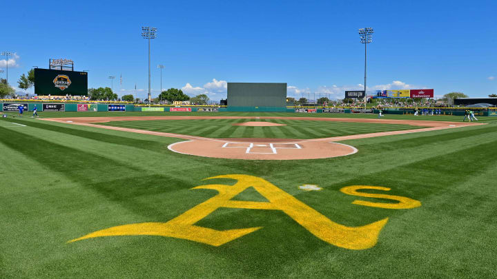 Mar 20, 2024; Mesa, Arizona, USA;  General view of the field prior to a spring training game between the Oakland Athletics and Chicago Cubs at Hohokam Stadium. Mandatory Credit: Matt Kartozian-USA TODAY Sports