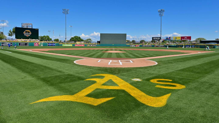 Mar 20, 2024; Mesa, Arizona, USA;  General view of the field prior to a spring training game between the Oakland Athletics and Chicago Cubs at Hohokam Stadium. Mandatory Credit: Matt Kartozian-USA TODAY Sports