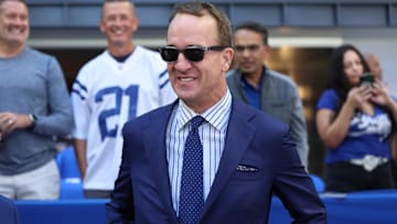 Former Indianapolis Colts quarterback Peyton Manning before a game against the Miami Dolphins at Lucas Oil Stadium