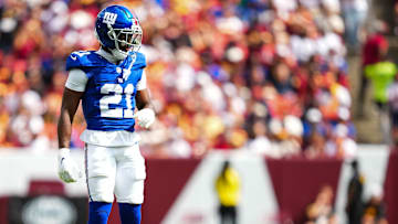 New York Giants CB Paulson Adebo (21) looks on against the Washington Commanders on Sep. 7, 2025.