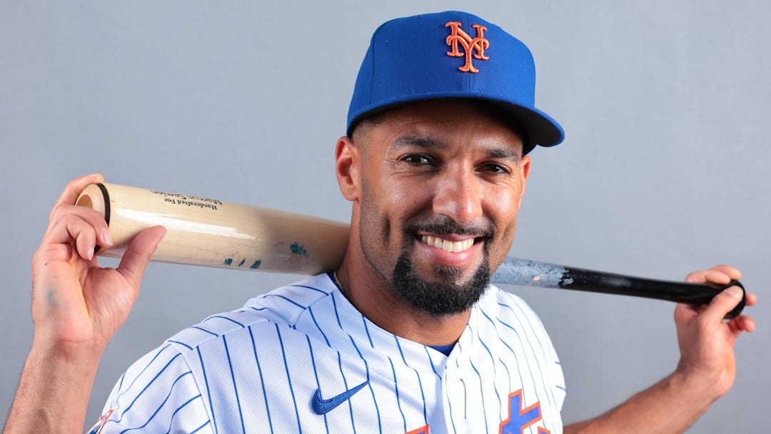 Feb 19, 2026; Port St. Lucie, FL, USA; New York Mets infielder Marcus Semien (10) poses for a photo during media day at Clover Park. Mandatory Credit: Sam Navarro-Imagn Images