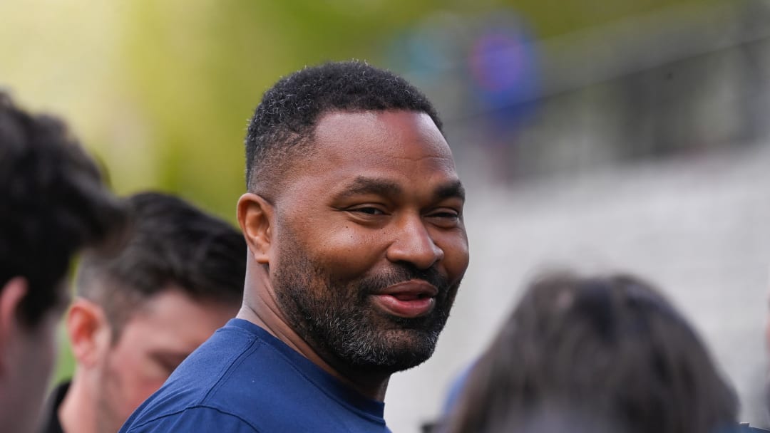 May 11, 2024; Foxborough, MA, USA; New England Patriots head coach Jerod Mayo holds a press conference before practice at the New England Patriots rookie camp at Gillette Stadium.  Mandatory Credit: Eric Canha-USA TODAY Sports