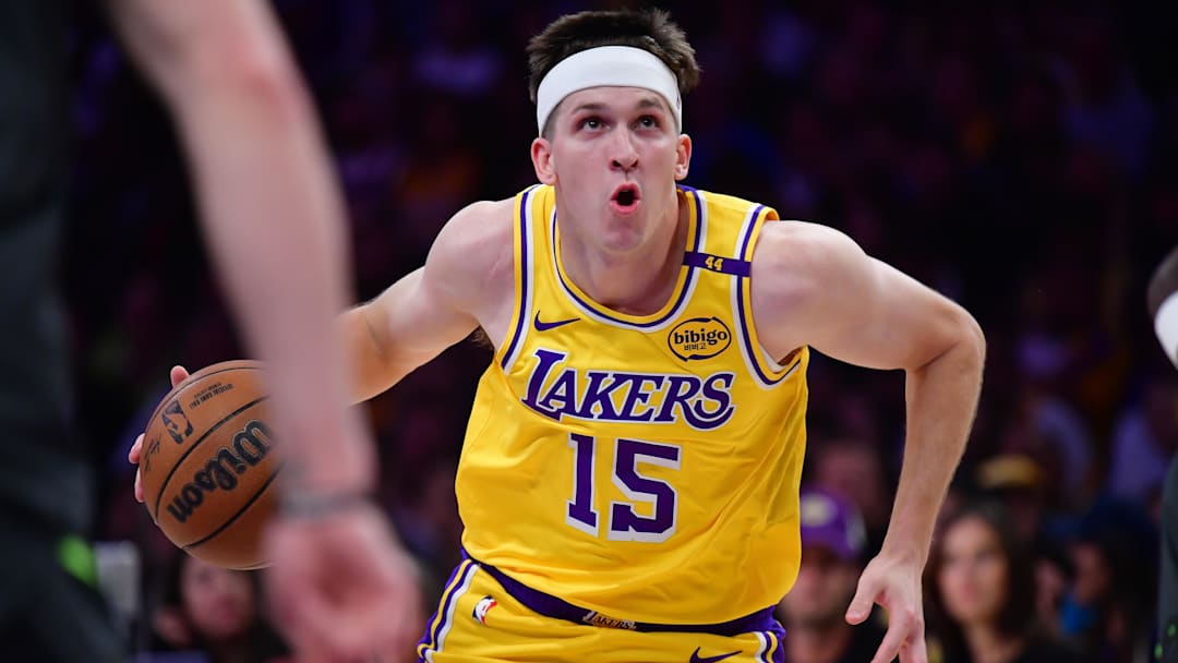 Apr 30, 2025; Los Angeles, California, USA; Los Angeles Lakers guard Austin Reaves (15) moves to the basket against the Minnesota Timberwolves during the first half in game five of first round for the 2025 NBA Playoffs at Crypto.com Arena. Mandatory Credit: Gary A. Vasquez-Imagn Images Apr 30, 2025; Los Angeles, California, USA; Los Angeles Lakers guard Austin Reaves (15) moves to the basket against the Minnesota Timberwolves during the first half in game five of first round for the 2025 NBA Playoffs at Crypto.com Arena. Mandatory Credit: Gary A. Vasquez-Imagn Images