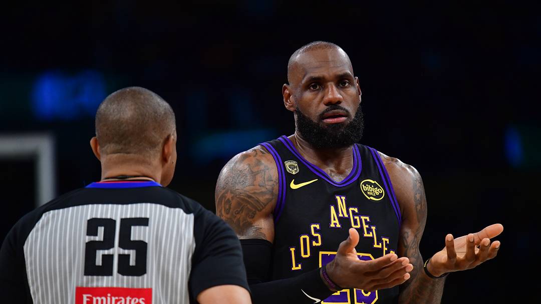 May 11, 2026; Los Angeles, California, USA; Los Angeles Lakers forward LeBron James (23) speaks with official Tony Brothers during the first half in game four of the second round of the 2026 NBA Playoffs at Crypto.com Arena. Mandatory Credit: Gary A. Vasquez-Imagn Images