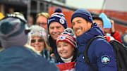 Jonny Moseley (right) at the 2018 Olympics
