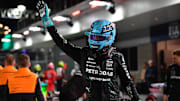 Nov 22, 2024; Las Vegas, Nevada, USA; Mercedes AMG Petronas driver George Russell (63) reacts after winning pole position during qualifying at Las Vegas Circuit. Mandatory Credit: Gary A. Vasquez-Imagn Images