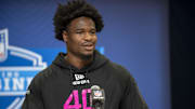 Feb 27, 2025; Indianapolis, IN, USA; South Carolina defensive back Nick Emmanwori (DB40) during the 2025 NFL Combine at Lucas Oil Stadium. Mandatory Credit: Tanner Pearson-Imagn Images