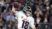Dec 16, 2024; Paradise, Nevada, USA; Atlanta Falcons quarterback Kirk Cousins (18) throws the ball against the Las Vegas Raiders in the first half at Allegiant Stadium. Mandatory Credit: Kirby Lee-Imagn Images