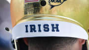 Apr 23, 2022; Notre Dame, Indiana, USA; A detail of the Notre Dame Fighting Irish helmet during warmups of the Blue-Gold Game at Notre Dame Stadium.