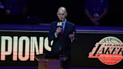 Dec 22, 2020; Los Angeles, California, USA; NBA commissioner Adam Silver speaks at Los Angeles Lakers 2020 Championship ring ceremony before a game between the Lakers and the Los Angeles Clippers at Staples Center. Mandatory Credit: Kirby Lee-Imagn Images