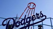 Apr 29, 2025; Los Angeles, California, USA; The Los Angeles Dodgers logo in the outfield pavilion at Dodger Stadium. Mandatory Credit: Kirby Lee-Imagn Images