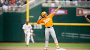 UNCROPPED POSTER OPTION Tennessee's Billy Amick (11) strikes a celebratory pose during a NCAA College World Series game between Tennessee and Florida State at Charles Schwab Field in Omaha, Neb., on Wednesday, June 19, 2024.
