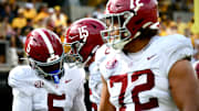 Oct 11, 2025; Columbia, MO, USA; Alabama Crimson Tide quarterback Ty Simpson (15) hypes up receiver Germie Bernard (5) in the fourth quarter against the Missouri Tigers at Faurot Field at Memorial Stadium.