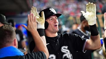 Aug 1, 2025; Anaheim, California, USA; Chicago White Sox shortstop Colson Montgomery (12) celebrates after hitting a solo home run against the Los Angeles Angels during the sixth inning at Angel Stadium. Mandatory Credit: Gary A. Vasquez-Imagn Images