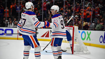 Edmonton Oilers Connor McDavid (97) and Ryan Nugent-Hopkins (93) 