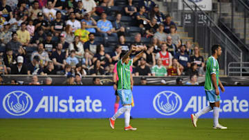 Apr 30, 2024; Philadelphia, Pennsylvania, USA; Seattle Sounders forward Raúl Ruidíaz (9) reacts after scoring a goal during the first half against the Philadelphia Union at Subaru Park. Mandatory Credit: Eric Hartline-Imagn Images