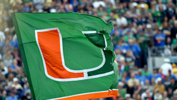 Oct 29, 2016; South Bend, IN, USA; The Miami Hurricanes flag flies during the first quarter of the game against the Notre Dame Fighting Irish at Notre Dame Stadium. Notre Dame won 30-27. Mandatory Credit: Matt Cashore-Imagn Images