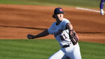 Ole Miss J.T. Quinn pitches vs. High Point at Oxford-University Stadium in Oxford, Miss. on Friday,