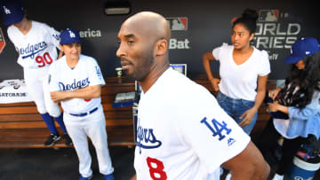 Los Angeles Lakers former player Kobe Bryant in the Dodgers dugout