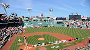 Apr 9, 2024; Boston, Massachusetts, USA; Opening day ceremonies as seen before a game between the Boston Red Sox and the Baltimore Orioles at Fenway Park. Mandatory Credit: Eric Canha-Imagn Images