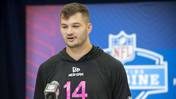 Feb 27, 2025; Indianapolis, IN, USA; Iowa tight end Luke Lachey (TE14) during the 2025 NFL Combine at Lucas Oil Stadium. Mandatory Credit: Tanner Pearson-Imagn Images