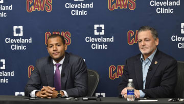 Jul 26, 2017; Cleveland, OH, USA; Cleveland Cavaliers general manager Koby Altman (L) and owner Dan