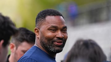 May 11, 2024; Foxborough, MA, USA; New England Patriots head coach Jerod Mayo holds a press conference before practice at the New England Patriots rookie camp at Gillette Stadium.  Mandatory Credit: Eric Canha-USA TODAY Sports