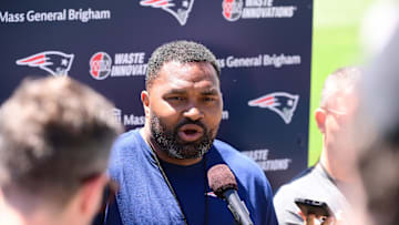 Jun 10, 2024; Foxborough, MA, USA;  New England Patriots head coach Jerod Mayo holds a press conference at minicamp at Gillette Stadium.