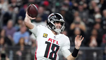 Dec 16, 2024; Paradise, Nevada, USA; Atlanta Falcons quarterback Kirk Cousins (18) throws the ball against the Las Vegas Raiders in the first half at Allegiant Stadium. Mandatory Credit: Kirby Lee-Imagn Images