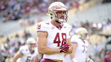 Apr 20, 2024; Tallahassee, Florida, USA; Florida State Seminoles tight end Jackson West (48) during the Spring Showcase at Doak S. Campbell Stadium. Mandatory Credit: Melina Myers-Imagn Images