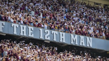 Sep 18, 2021; College Station, Texas, USA; A view of the stands and the fans and the 12th Man logo