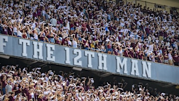Sep 18, 2021; College Station, Texas, USA; A view of the stands and the fans and the 12th Man logo during the first half of the game between the Texas A&M Aggies and the New Mexico Lobos at Kyle Field. Mandatory Credit: Jerome Miron-Imagn Images