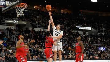 Feb 13, 2024; Providence, Rhode Island, USA; Providence Friars forward Josh Oduro (13) shoots the