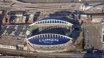 Mar 18, 2023; Seattle, Washington, USA; A general overall aerial view of Lumen Field. The stadium is the home of the Seattle Sounders FC and Seattle Seahawks. Mandatory Credit: Kirby Lee-Imagn Images