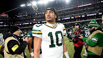 Jan 12, 2025; Philadelphia, Pennsylvania, USA; Green Bay Packers quarterback Jordan Love (10) on the field after loss to the Philadelphia Eagles in an NFC wild card game at Lincoln Financial Field. Mandatory Credit: Eric Hartline-Imagn Images