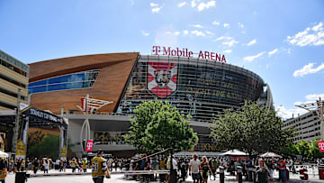 Jun 5, 2023; Las Vegas, Nevada, USA; Spectators gather outside T-Mobile Arena before game two of the 2023 Stanley Cup Final between the Vegas Golden Knights and Florida Panthers. Mandatory Credit: Gary A. Vasquez-Imagn Images
