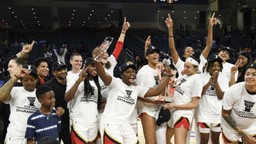 Jul 26, 2022; Chicago, IL, USA;  Las Vegas Aces guard Chelsea Gray (12), third from left, MVP,