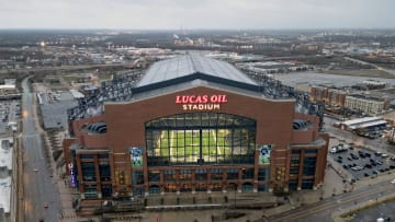 Feb 27, 2023; Indianapolis, IN, USA; A general overall view of Lucas Oil Stadium, the site of the