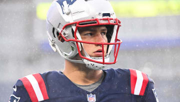 August 8, 2024; Foxborough, MA, USA;  New England Patriots quarterback Drake Maye (10) warms up before a game against the Carolina Panthers at Gillette Stadium. Mandatory Credit: Eric Canha-USA TODAY Sports