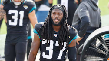 Nov 29, 2020; Jacksonville, Florida, USA;  Jacksonville Jaguars cornerback Tre Herndon (37) walks on the bench during the first quarter against the Cleveland Browns at TIAA Bank Field. Mandatory Credit: Reinhold Matay-Imagn Images