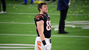Feb 13, 2022; Inglewood, California, USA; Cincinnati Bengals tight end Drew Sample (89) reacts after