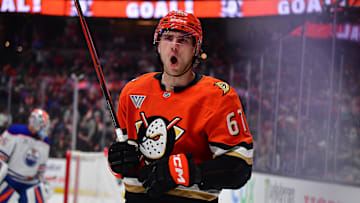 Apr 7, 2025; Anaheim, California, USA; Anaheim Ducks left wing Cutter Gauthier (61) celebrates his goal scored against the Edmonton Oilers during the second period at Honda Center. Mandatory Credit: Gary A. Vasquez-Imagn Images