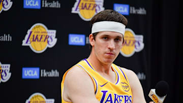 Sep 29, 2025; Los Angeles, CA, USA; Los Angeles Lakers guard Austin Reaves (15) during media day at UCLA Health Training Center. Mandatory Credit: Gary A. Vasquez-Imagn Images