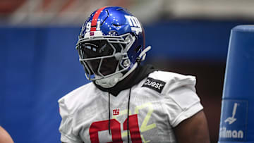 May 9, 2025; East Rutherford, NJ, USA; New York Giants defensive tackle Darius Alexander (91) participates in a drill during rookie minicamp at Quest Diagnostics Training Center.  